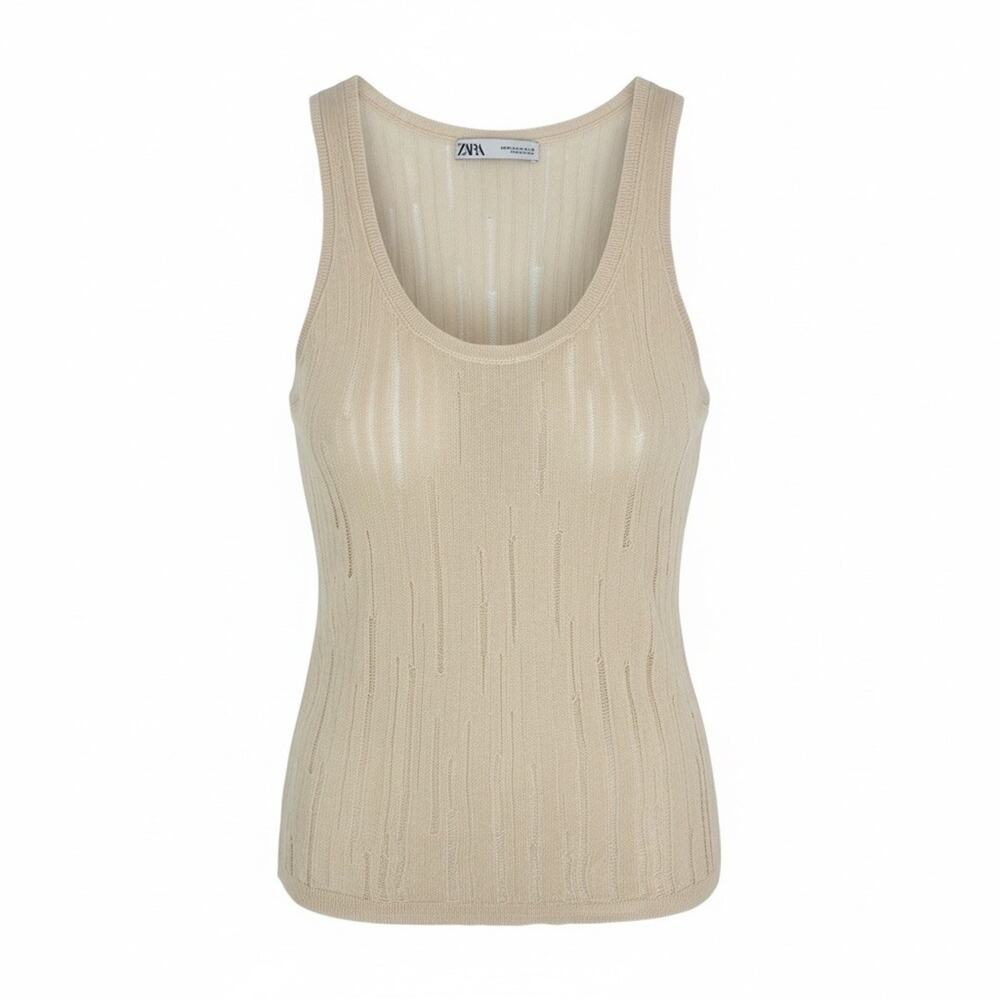 Zara Beige Openwork Ribbed Knit Tank Top Scoop Neck Size M Cotton Ladder Stitch